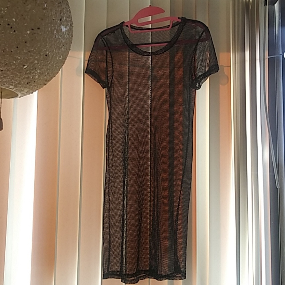 See through mesh knitted shirt dress